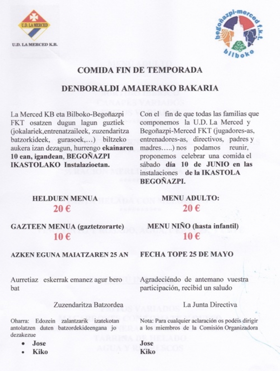 COMIDA FIN DE TEMPORADA / DENBORALDI AMAIERAKO BAZKARIA